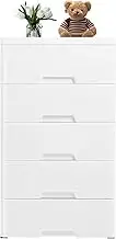 5 Drawer Storage Cabinet with Wheels Movable White Plastic Drawers for Clothes Bedroom Drawer Cabinet Large Capacity Drawer Organizer for Playroom Vertical Clothes Storage Tower with Wheels