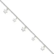Sterling Silver Polished And Textured Star 9In Plus 1In Ext. Anklet