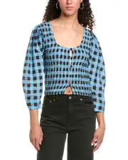 GANNI Smocked Silk-Blend Blouse