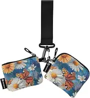 [XYMZR] Mini Zip Around Wristlet keychain Wallet White Orange Daisy Butterfly for Women Personalized Pattern Detachable Dual Pouch Wristlet Portable Wallet Phone Coin Purse, Multi-colored, One Size