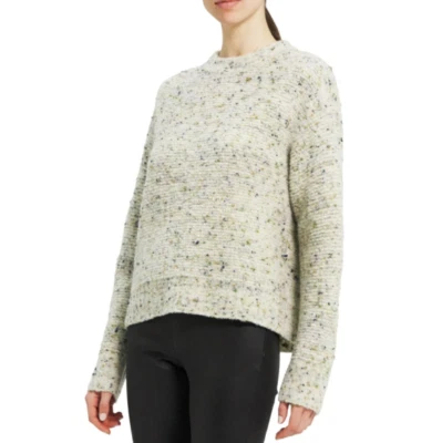 NWT- Theory Boxy Mockneck Tweed-Boucle Pullover Sweater, Evergreen Multi - Large
