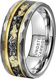 [TUTISS] 8mm Silver/Black Hammered Tungsten Rings for Men Women Meteorite Chip Gold Foil Inlay Promise Engagement Wedding Band Matte Finish Comfort Fit