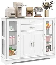 Costway Buffet Sideboard w/Glass Door, Kitchen Storage Organizer w/ 2 Drawers & 3 Cabinets, Multifunctional Display Cabinet Console Table w/ 5 Adjustable Shelves for Kitchen Living Room White
