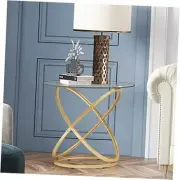 End Table, Glass End Table for Living Room, Round Side Table with Gold