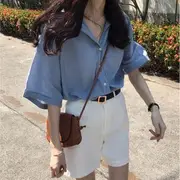 Elbow-Sleeve Plain Shirt Blue - M