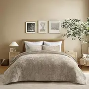 EVERGRACE Velvet Quilt Set Queen Size, Luxurious Soft Striped Channel Bedding Set, Lightweight Velvet Comforter for All Season, Oversized Bedspread Coverlet with 2 Matching Shams, Beige Taupe