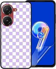 [zaztify] Phone Case for Asus Zenfone 9/9z, Purple White Grid Plaid Regular Lattice Checkered Checkerboard Cute Shockproof Protective Shell-Also Support Custom Personalized Cover