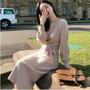 Long Sleeve Plain Tie-Waist Knit Midi Dress Brick - XL