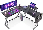 [ODK] Gaming Desk 127x127x77cm, L Shaped Desk with Monitor Stand&Storage Bag, Metal Legs, Corner Gaming Table with Headphone Hook for Home Office Bedroom Study, Black