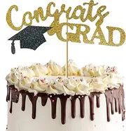 Glitter Graduation Cake Topper, Congrats Grad Design with Cap, Gold and Black Party Decoration