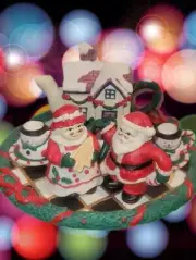 Mini Christmas Tea Set Santa & Mrs.Clause Teapot Teacups & Saucers Holiday Plate