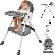 Baby High Chair, 6 in 1 Convertible High Chairs for Babies and Toddlers with 5-Point Safety Harness,Foldable High Chair for Space-Saving, Adjustable Dining Tray