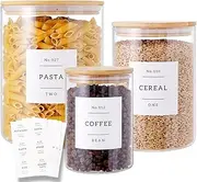 3 Pcs Glass Canisters with Airtight Bamboo Lids and 132 Kitchen Pantry Labels Preprinted - Clear Glass Flour and Sugar Storage Container Set - Large Glass Jars with Wood Lids(100 OZ/54 OZ/27 OZ)