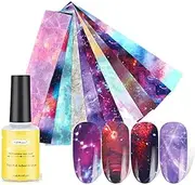 10 Styles Galaxy & Marble Patterns Nail Art Transfer Sheets with Adhesive Glue (Star Glue), Beauties Factory Star Space Design Patterns Quick DIY Kit