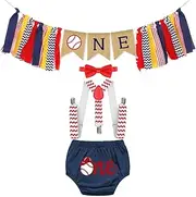 [HIHCBF] Baby Baseball Cake Smash Outfits 1st Birthday Photo Shoot Decorations Kit Highchair Banner Bloomers Suspenders Bowtie