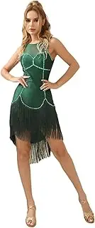[ROYAL SMEELA] Tassel Latin Dress Women's Rhinestone Salsa Dress Salsa Dance Dress Women's Rumba Samba Dance Dresses Green Tango Dance Dress for Women Fringe Latin Dance Dress Latin Dance Wear Samba