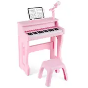 Costway 37-Key Piano Keyboard Toy Electronic Musical Instrument w/Adjustable Microphone Music Stand & Stool Gift Pink