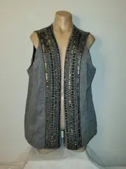 Chicos NWT 3 XL 16-18 Gray Wool Metal Stud Open Front Boho Chic Vest