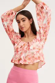 Print Tie Front Top Long Sleeve Crop - Size XS, Women's Cami