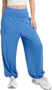[Mintreus] Women's Harem Pants, High Waist Boho Palazzo Trousers with Front Pockets Summer Hippie Pants 2025, Smart Blue, Large