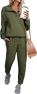 [Herseas] Women 2 Piece Outfits Half Button Down Drop Shoulder Sweatsuit Casual Fleeced Lounge Sets