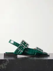 [GANNI] GANNI - Embellished Glossed Recycled Point-toe Slingback Flats - Green - IT38 IT 38 Green