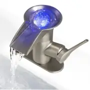 Single Vanity Faucet Brushed Nickel Waterfall Sink Faucet Deck Mount LED Sing...