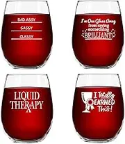 Stemless Wine Glasses Set of 4 (15 oz) - Funny Novelty Glassware for Women - Party, Event, Hosting Fun - Wine Lover Glass With Sayings