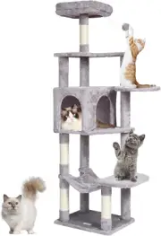 Indoor Cat Tree Tower, 60.6" with Condo, Scratching Post, Hammock, Light Grey