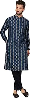 [KISAH] Men's Kurta, Navy Blue Cotton Blend, Embellished Regular Fit Mandarin Collar Long Sleeves