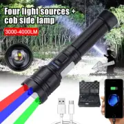 4 in 1 COB+LED Flashlight Zoom White Red Green Blue Light, Hunting Flashlight