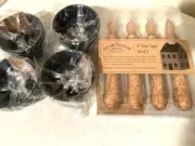 4 Black tin candle holders with Burnt ivory candlesticks with timer