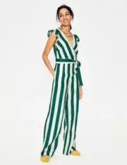 Boden - Mila Stripe Jumpsuit - Woodland Green - Size 12 - NEW - 100% Linen