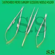 3 Castroviejo Micro Scissors Needle Holder Curved TC Forceps Dental Eye S EY-003