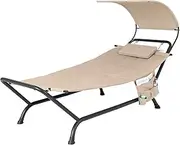 Costway Patio Hanging Chaise Lounge Chair w/Canopy, Cushion, Pillow & Storage Bag, Heavy Duty Swing Hammock Bed w/Stand for Garden Lawn Backyard Patio Poolside Porch, Beige/Blue/Brown (Beige)
