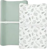 Changing Pad Cover for Baby Boy Girl 2 Pack, Muslin Changing Table Pad Covers with Boho Style, Neutral Nursery Bedding Essentials Soft and Breathable (Fern - Leaf & Sage)