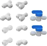 PureSec 3/8 Water Line Fittings Push to Connect for OD Tubing (Ball Valve, T Fitting, Y, L, I, Pack of 10)