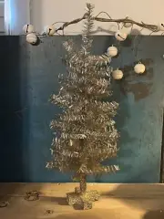 Primitive Vintage Style Silver Tinsel Feather Christmas Tree w Wood Base 18"