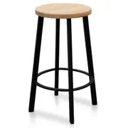 Set of 2 - James 65cm Bar Stool - Natural Timber Seat and Black Frame