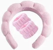 Spa headband with wrist strap for washing your face and a 3-piece set for makeup skincare Bubble skincare headband Fluffy hair bands for women, teens girls Cute Hair Accessories- Pink
