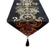Catzon Hot Stamping Classic Floral Table Runner With Tassel-Black