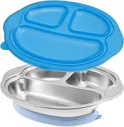 Stainless Steel Toddler Plate with 3 Compartment Design Non-Slip Baby Divided Plate with Sunction Bottom Divided Suction Plate with Lid for Home School(Blue)