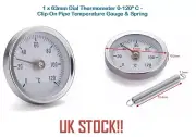 1 x 63mm Dial Thermometer 0-120º C - Clip-On Pipe Temperature Gauge & Spring