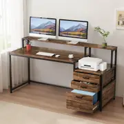 OAKORY Ergonomic 160 cm Writing Desk with Monitor Riser, 3 Storage Drawers Computer Desk with Printer Platform, Metal Frame for Study, Office Rustic Brown