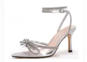 Double Bow Pointed Toe Ankle Strap Wedding Bridal Party Shoes Size 5.5 NIB