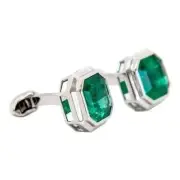 4Ct Asscher Cut Lab Created Emerald Men's Shirt Cufflink 14K White Gold Plated