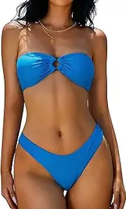 [ZAFUL] Women's Tie Dye Ribbed O Ring Lace Up Tie Side Bandeau Bikini Set Swimsuit