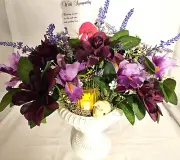 Elegant Sympathy Floral Arrangement: Votive Candle Holder w/ Lamb Purple Florals