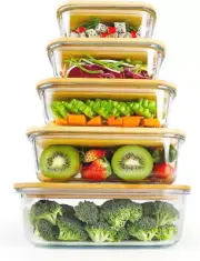 5 Pack Glass Containers with Bamboo Lids Food Storage Eco-Friendly Meal Prep