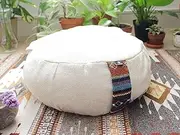 Pure Chakra 16” Round Zafu Meditation Cushion | Buckwheat Hull Fill Jute Organic Cotton | Yoga Floor Cushion | Traditional Indian Design (Off-White)
